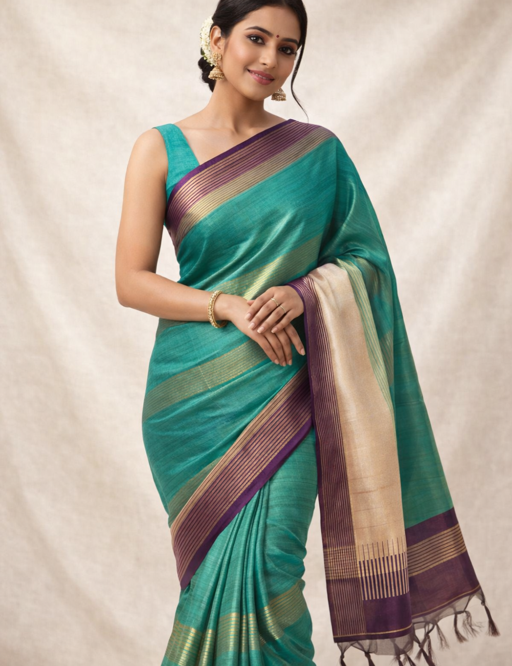 Teal Blue Tussar Silk Saree with Purple Border &amp; Blouse