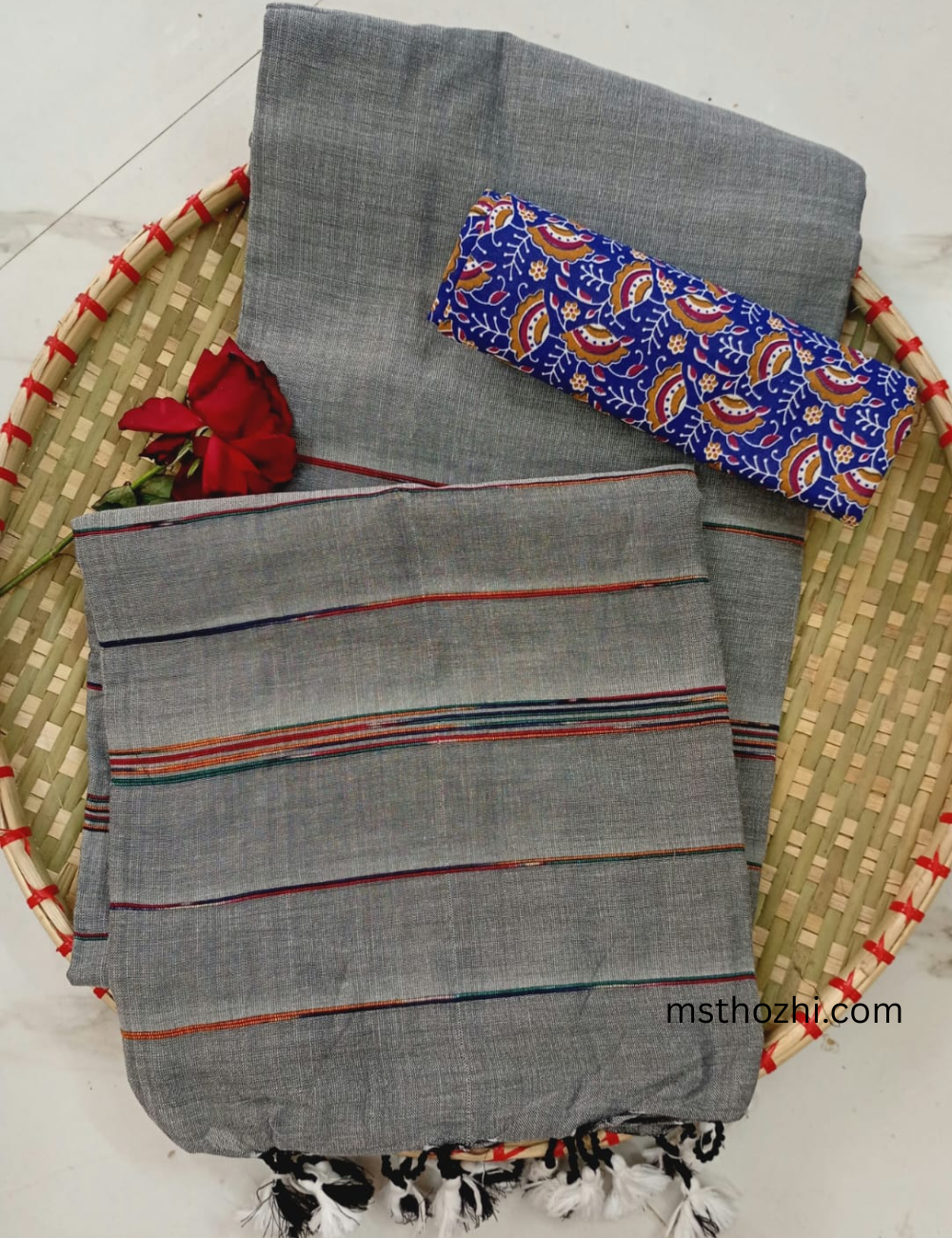 Khadi Cotton Saree with Blouse | Soft Grey Striped Handloom Saree