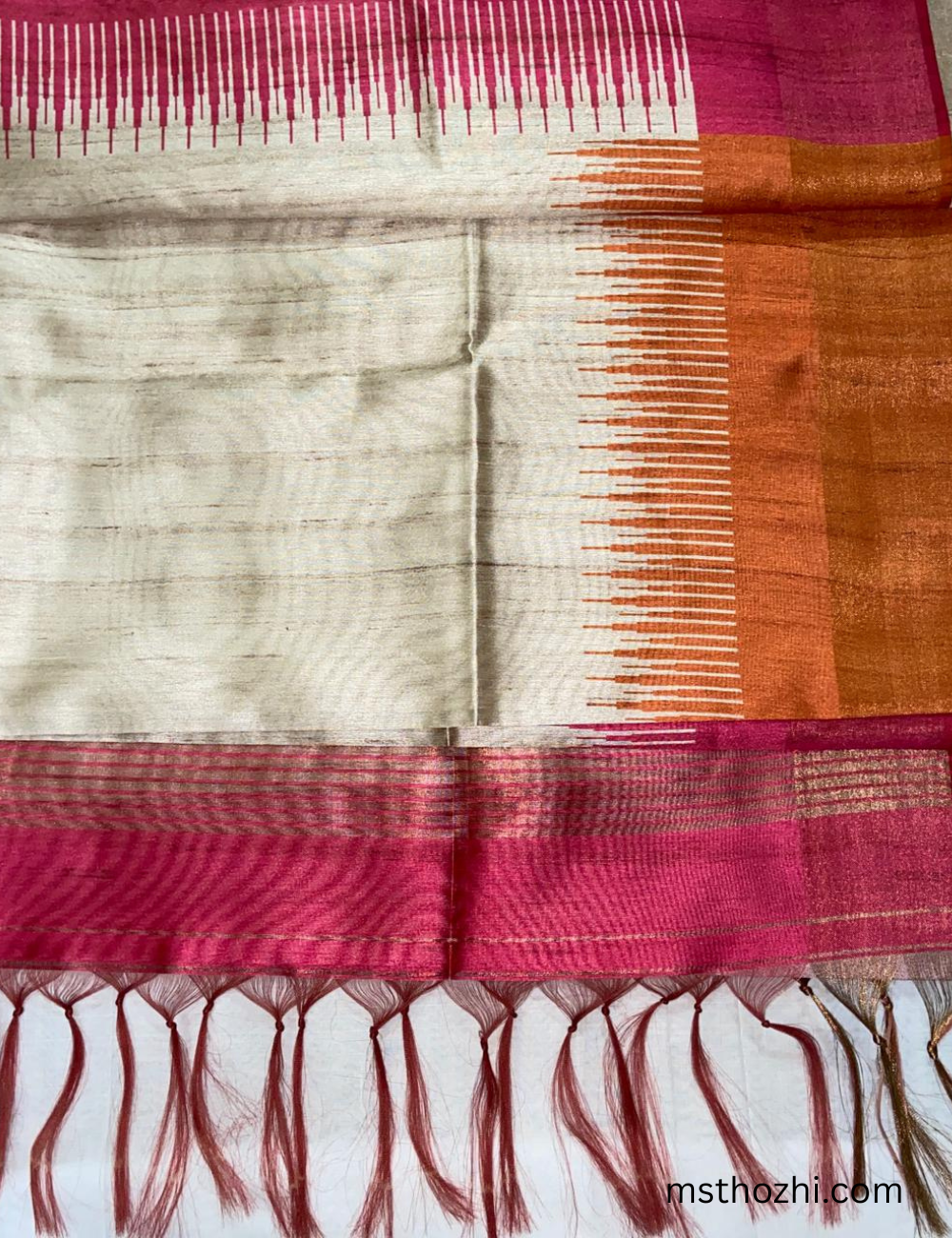 Premium Tussar Silk Orange Body with Pink Border