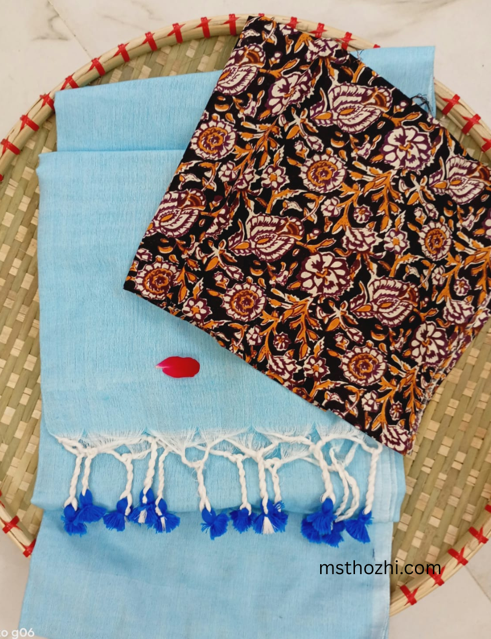Blue Khadi Cotton Saree with Printed Blouse
