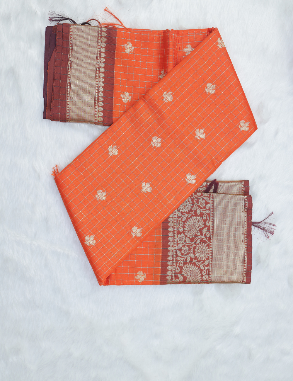 Banarasi Checked Silk Saree – Rust Orange with Stripe & Floral Dual Pattern