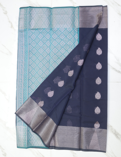 Silk Cotton Saree – Navy Blue with Silver Zari Butta & Contrast Teal Pallu