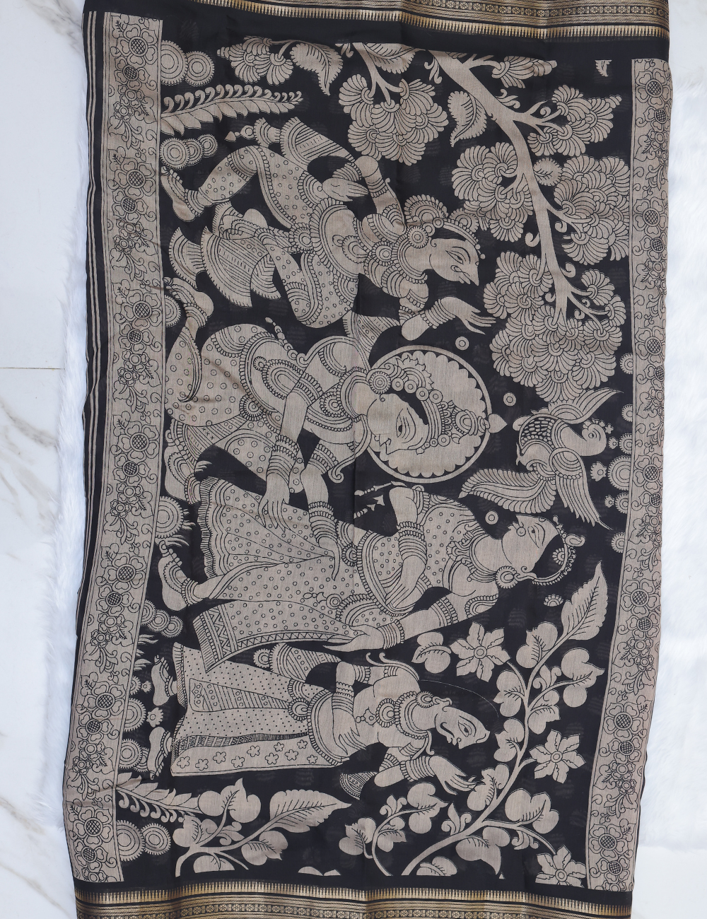 Maroon &amp; Black Pen Kalamkari Pattern Chennur Silk Saree