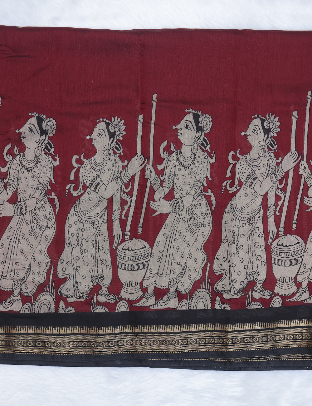 Maroon &amp; Black Pen Kalamkari Pattern Chennur Silk Saree