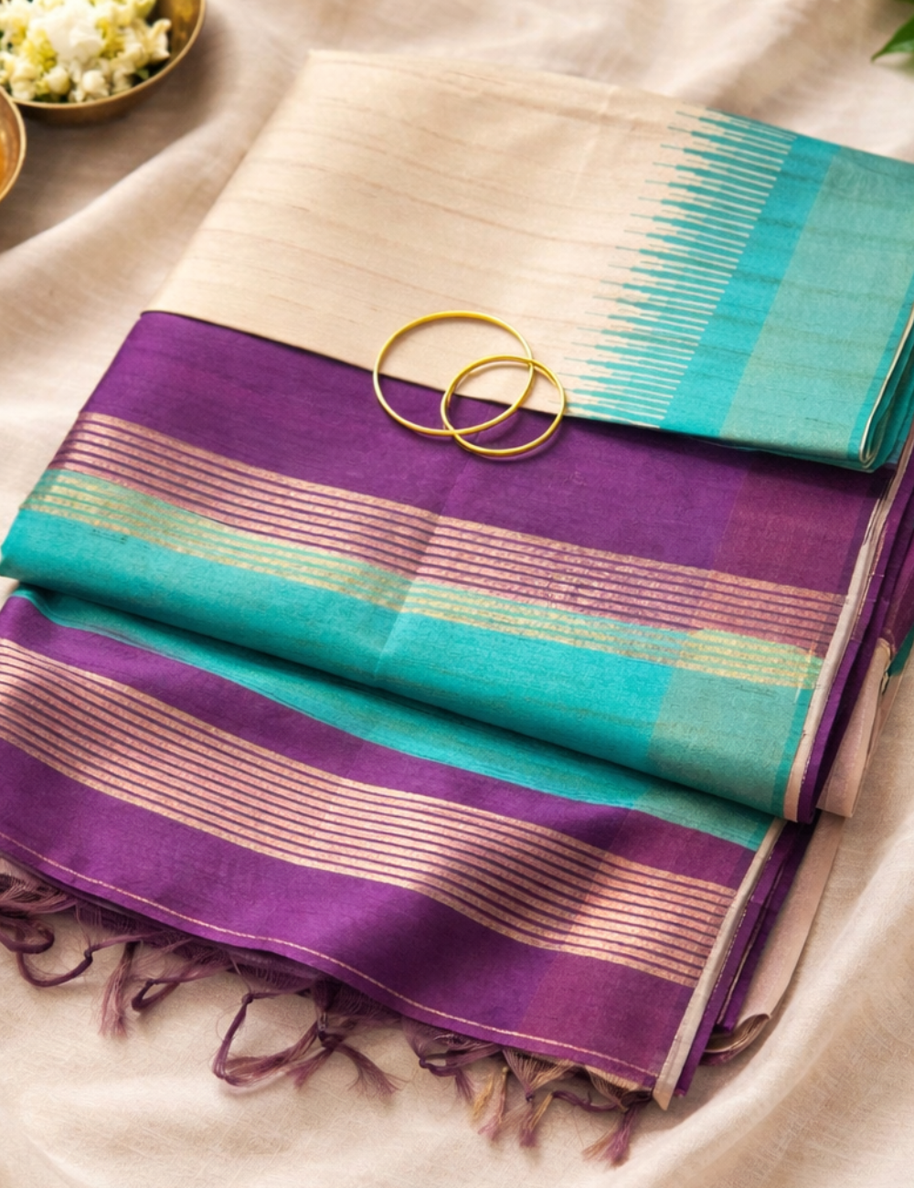 Teal Blue Tussar Silk Saree with Purple Border &amp; Blouse