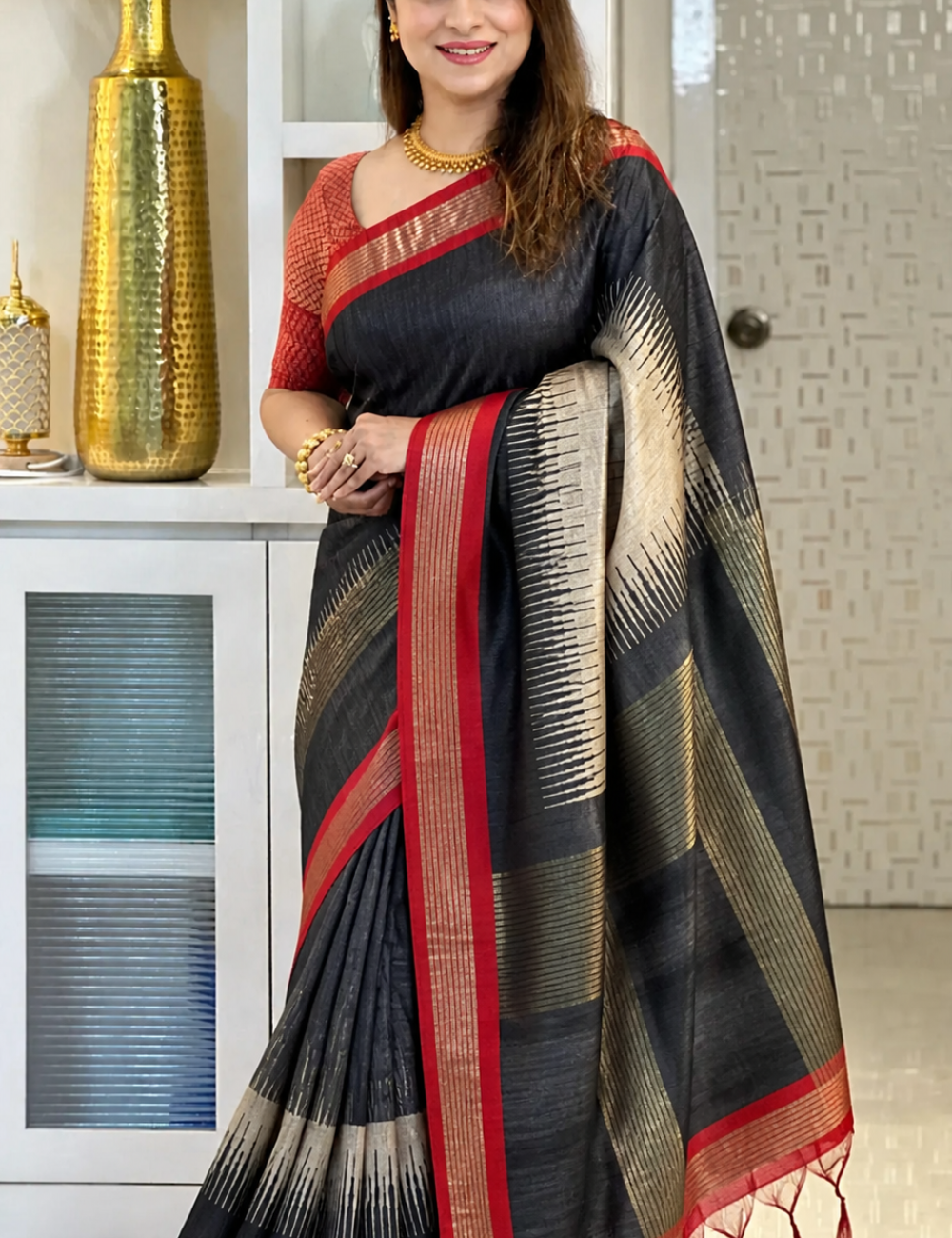 Tussar Silk Saree Black with Red Zari Border