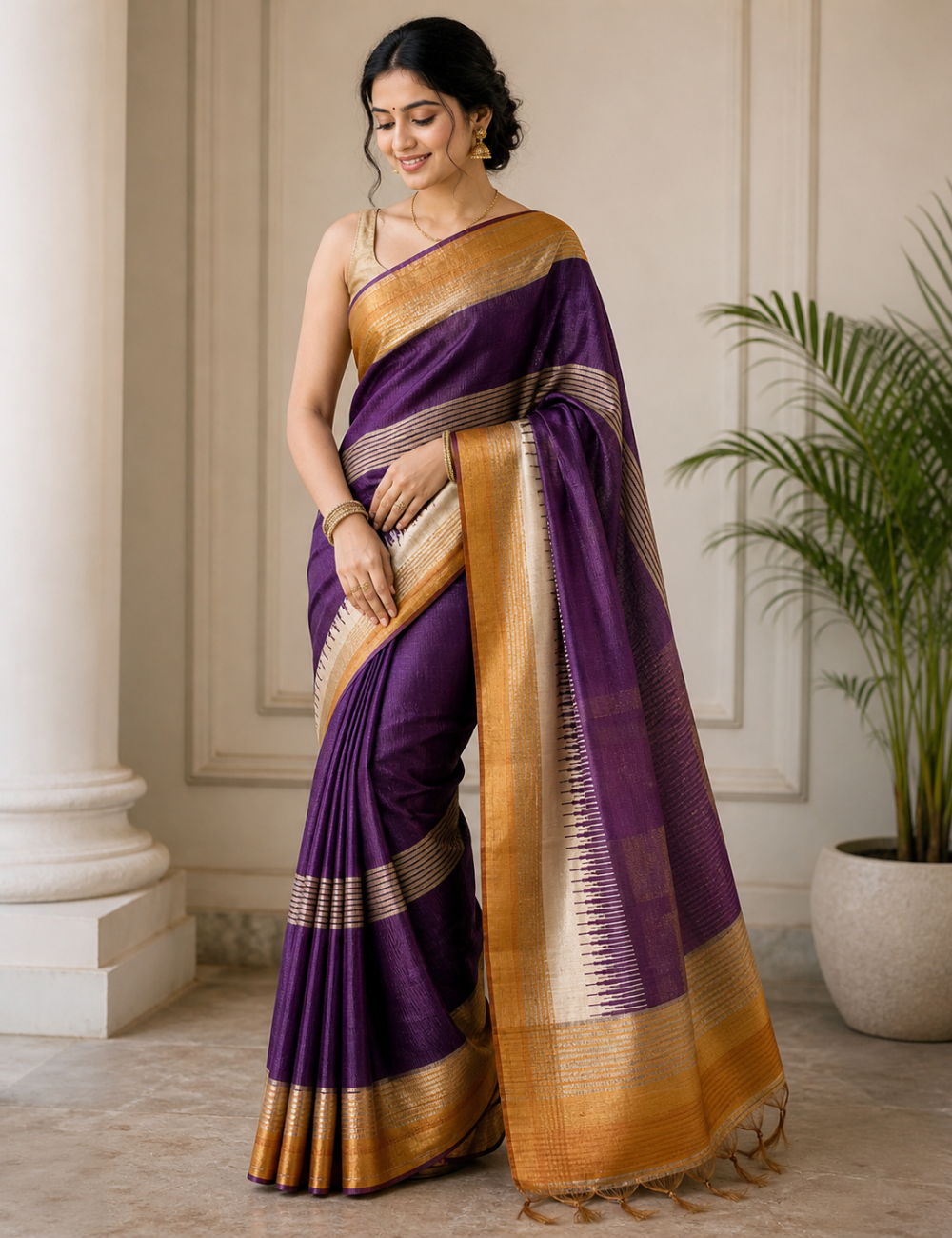Royal Purple Tussar Silk Saree with Blouse
