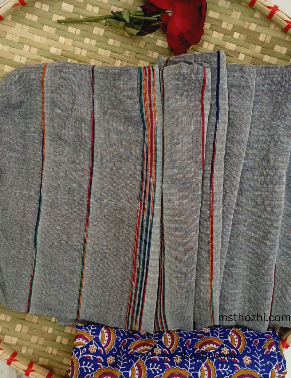 Khadi Cotton Saree with Blouse | Soft Grey Striped Handloom Saree