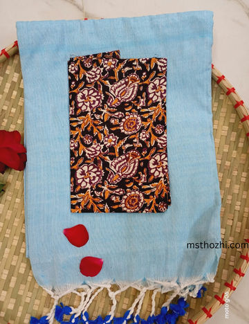 Blue Khadi Cotton Saree with Printed Blouse