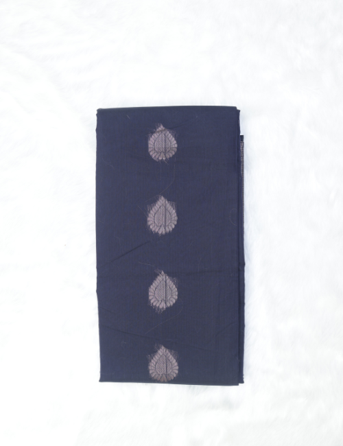 Silk Cotton Saree – Navy Blue with Silver Zari Butta & Contrast Teal Pallu
