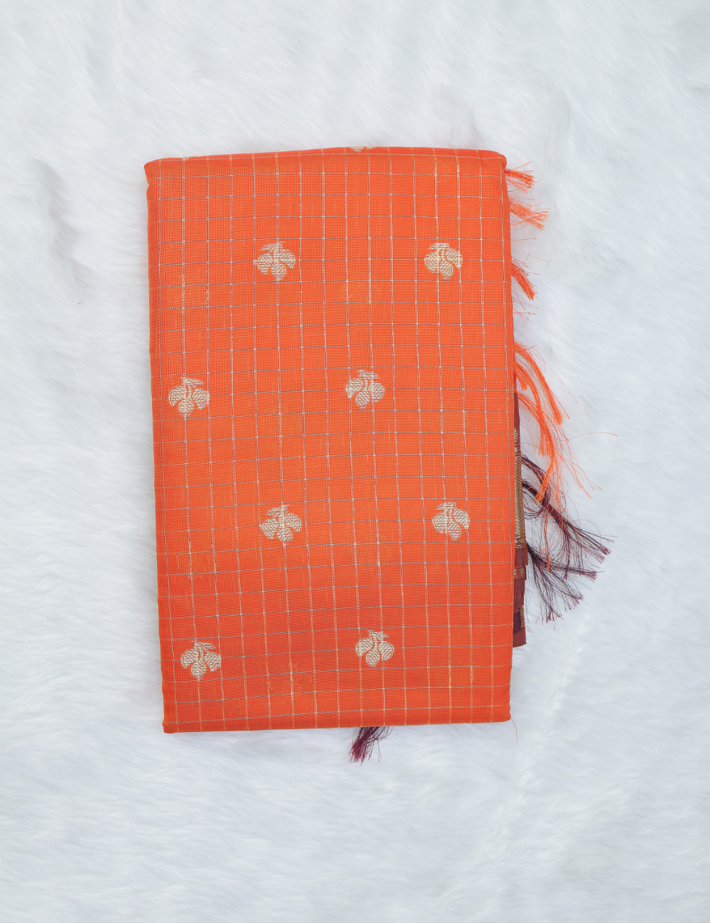 Banarasi Checked Silk Saree – Rust Orange with Stripe & Floral Dual Pattern
