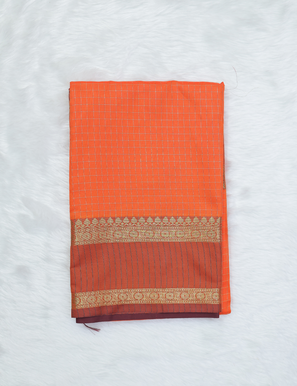 Banarasi Checked Silk Saree – Rust Orange with Stripe & Floral Dual Pattern