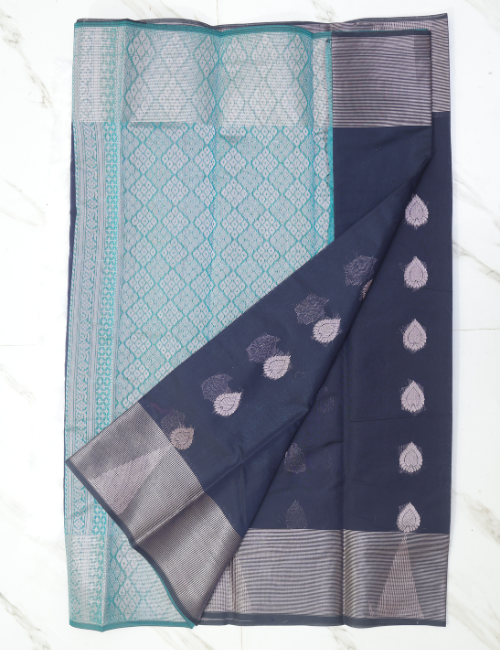 Silk Cotton Saree – Navy Blue with Silver Zari Butta & Contrast Teal Pallu