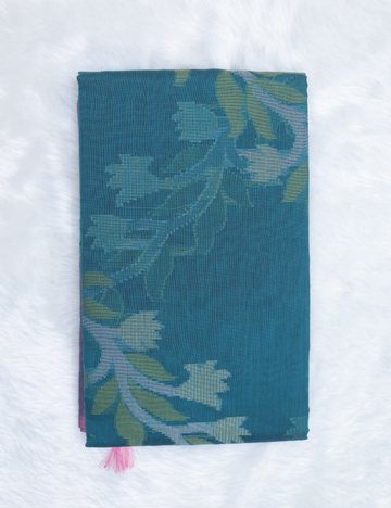 Chanderi Pochampally Silk Cotton Saree – Teal Green with Pink Elegance