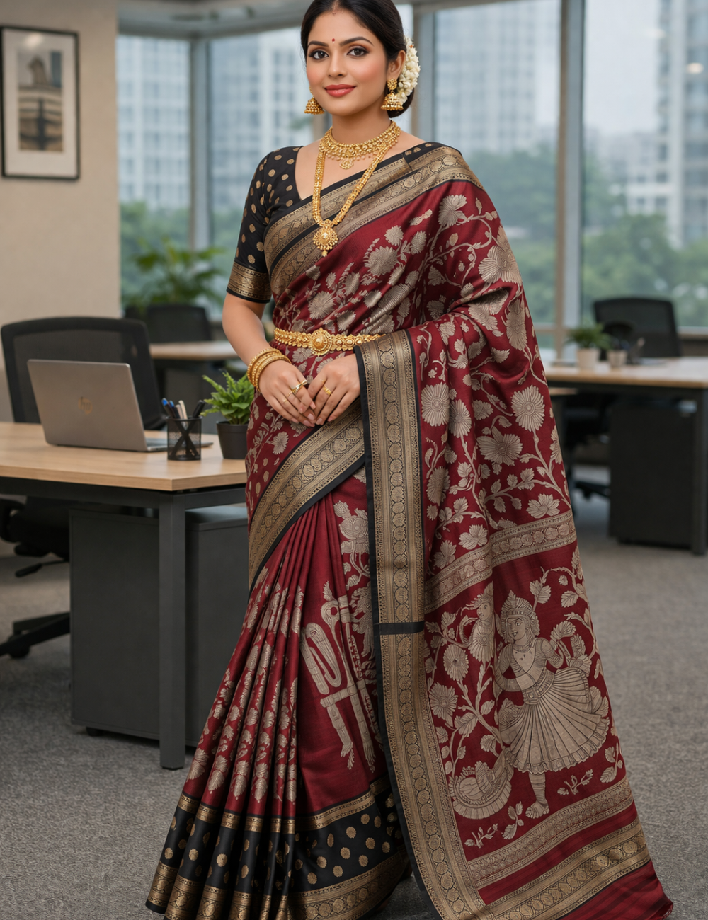 Maroon &amp; Black Pen Kalamkari Pattern Chennur Silk Saree