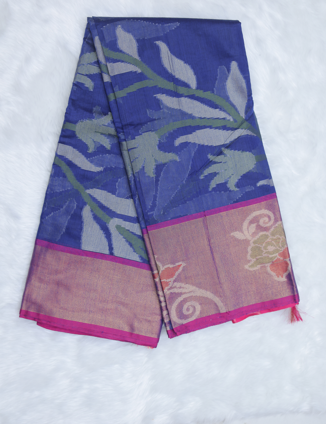 Banarasi Pochampally Silk Saree with Blouse – Royal Blue &amp; Pink
