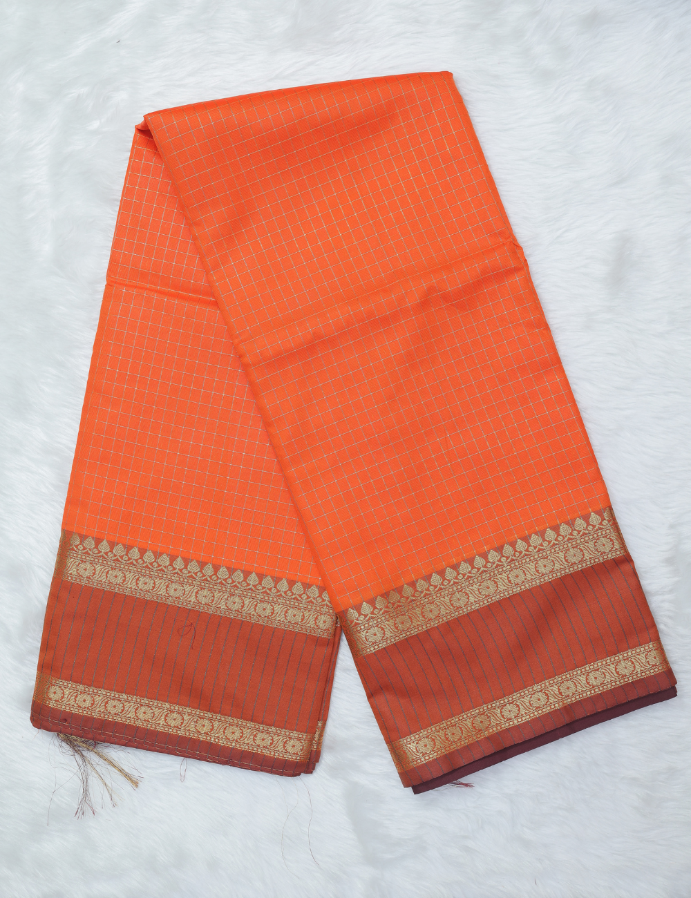 Banarasi Checked Silk Saree – Rust Orange with Stripe & Floral Dual Pattern