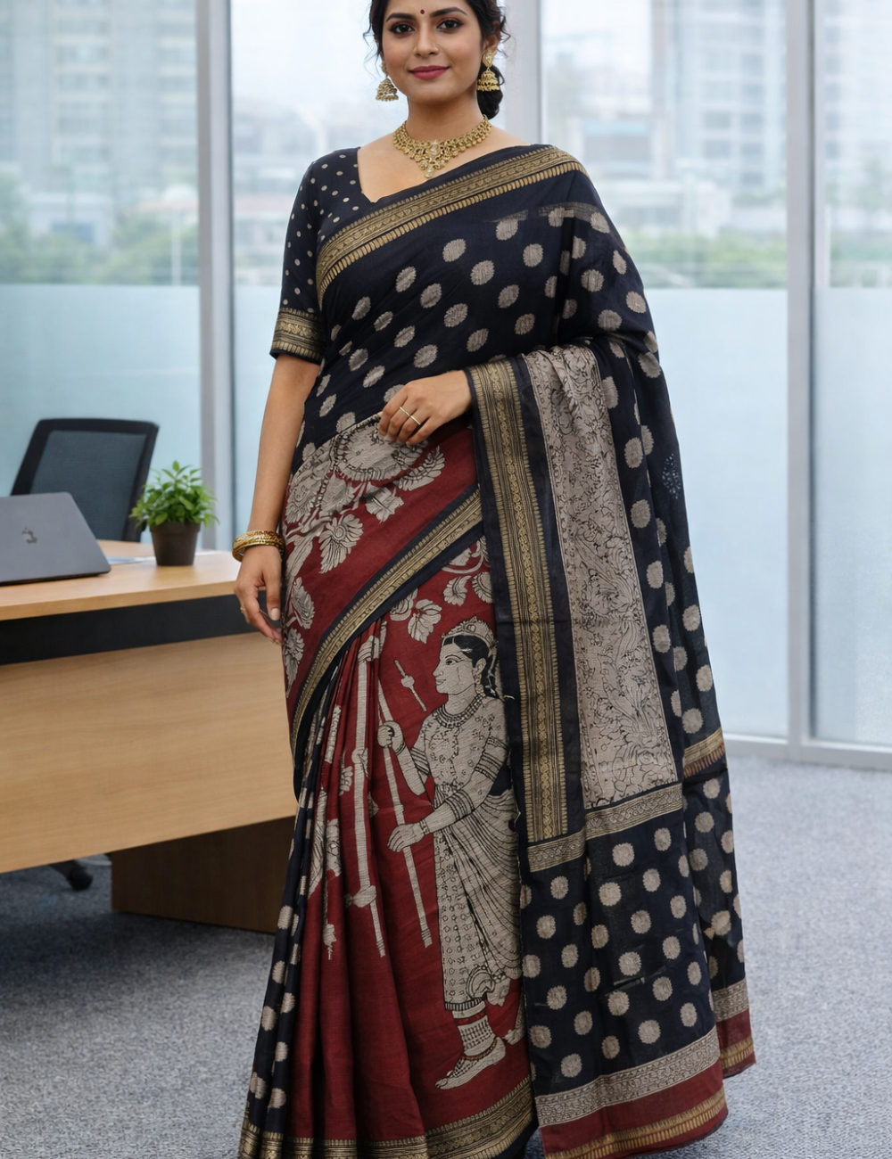 Maroon &amp; Black Pen Kalamkari Pattern Chennur Silk Saree