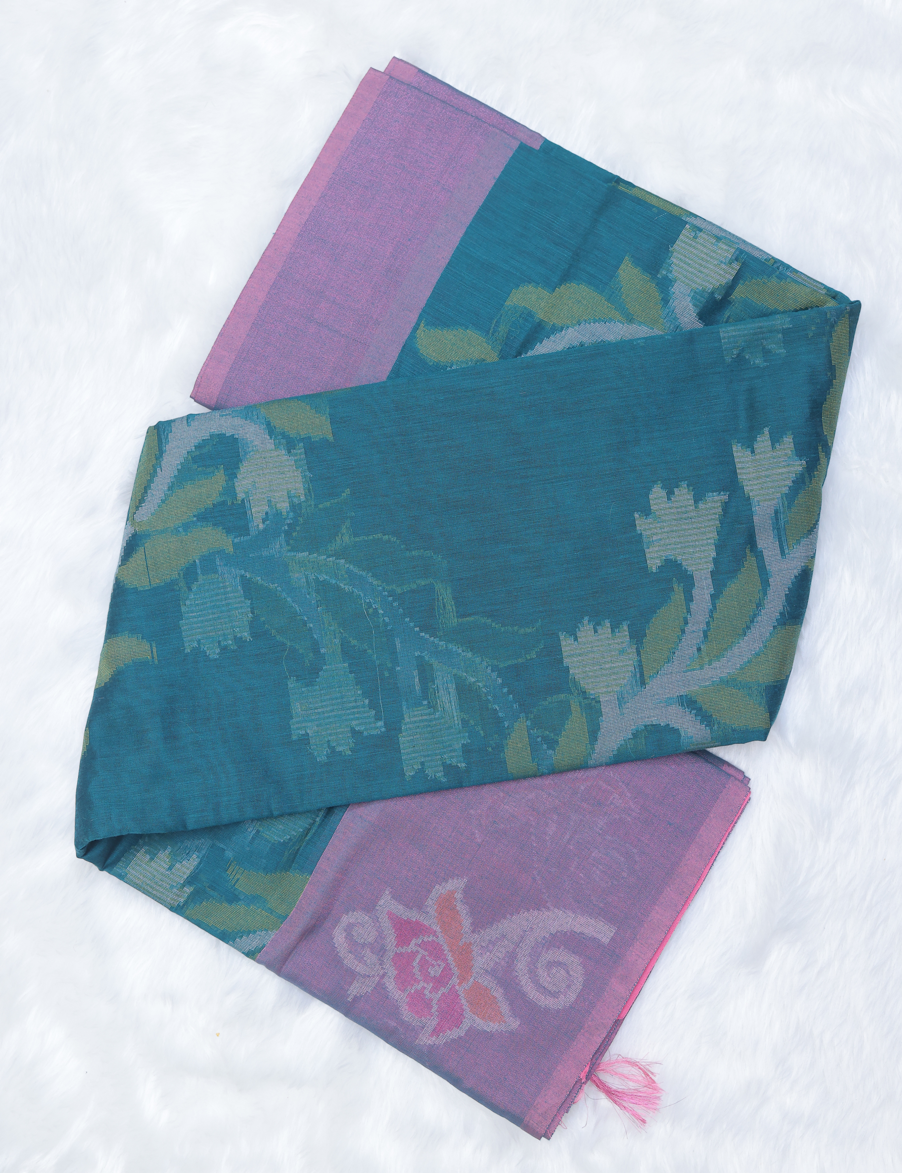 Chanderi Pochampally Silk Cotton Saree – Teal Green with Pink Elegance