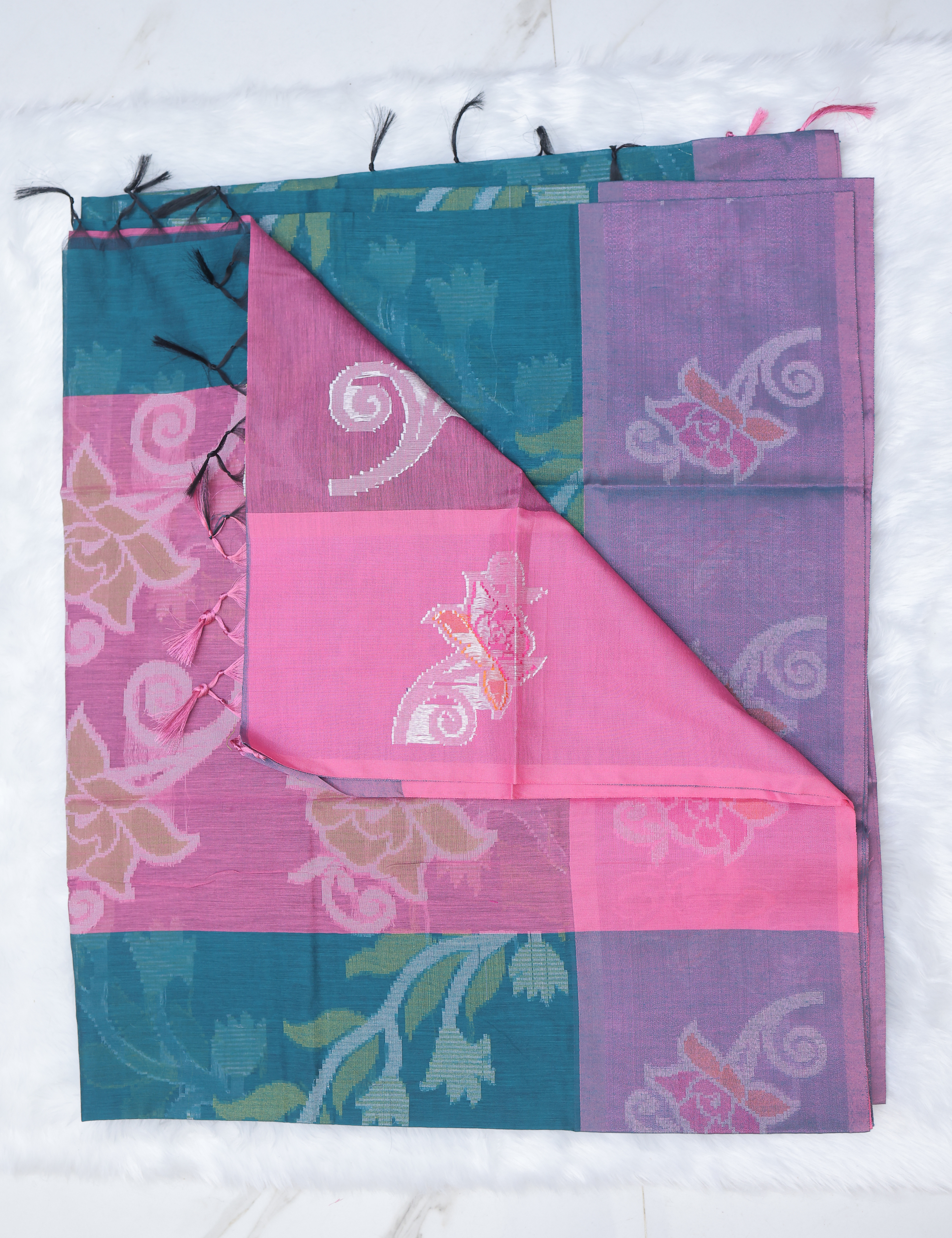 Chanderi Pochampally Silk Cotton Saree – Teal Green with Pink Elegance