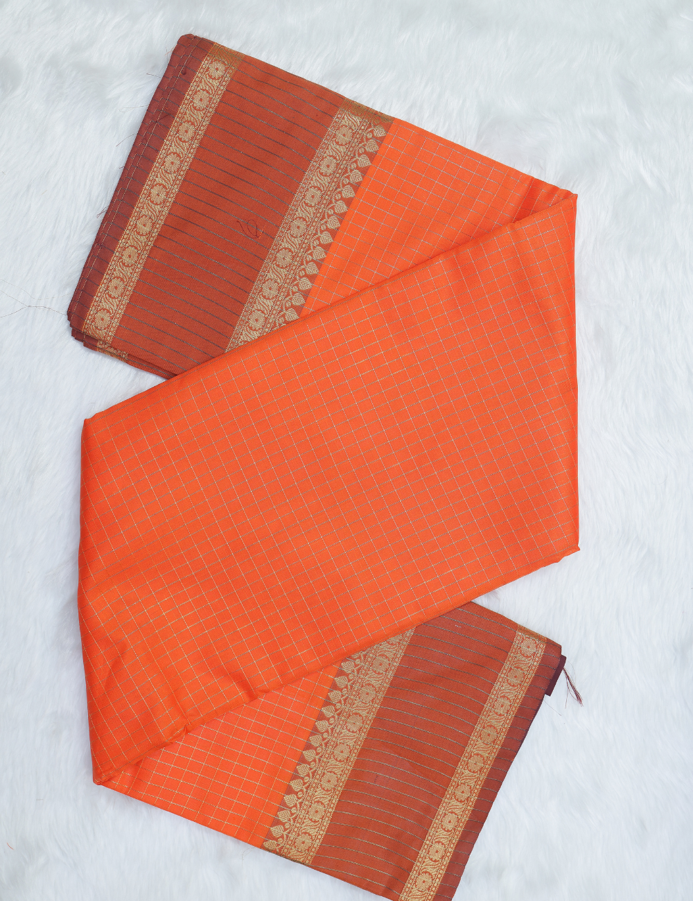Banarasi Checked Silk Saree – Rust Orange with Stripe & Floral Dual Pattern