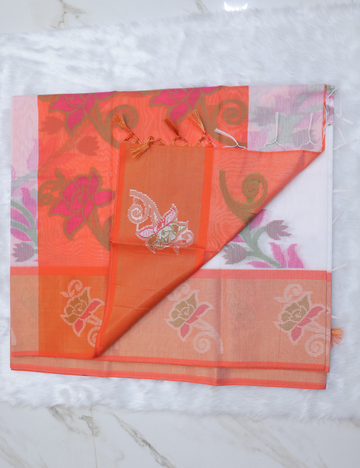Chanderi Pochampally Silk Cotton Saree – White with Peach Glow