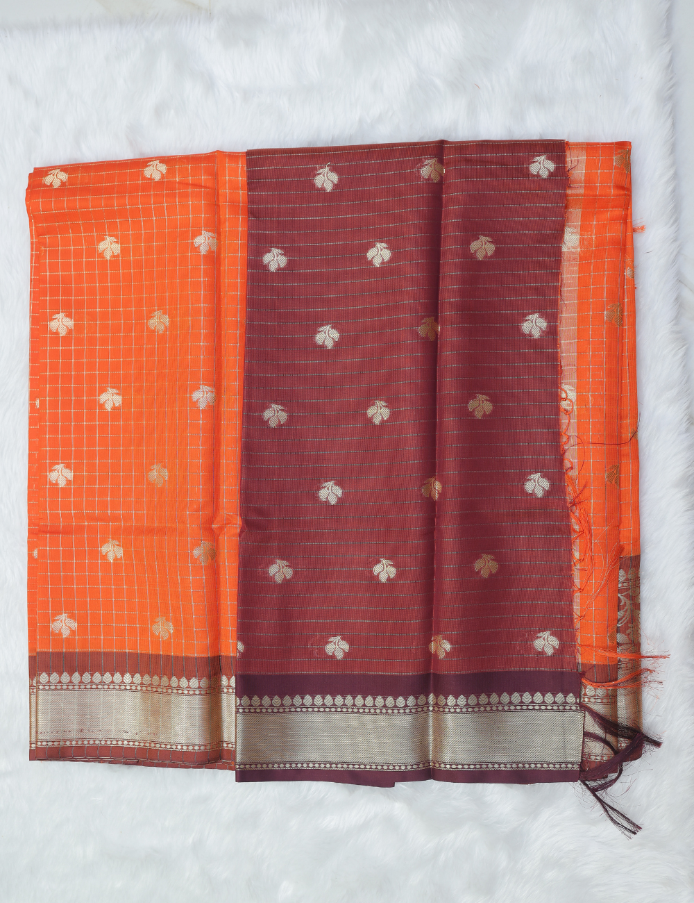 Banarasi Checked Silk Saree – Rust Orange with Stripe & Floral Dual Pattern