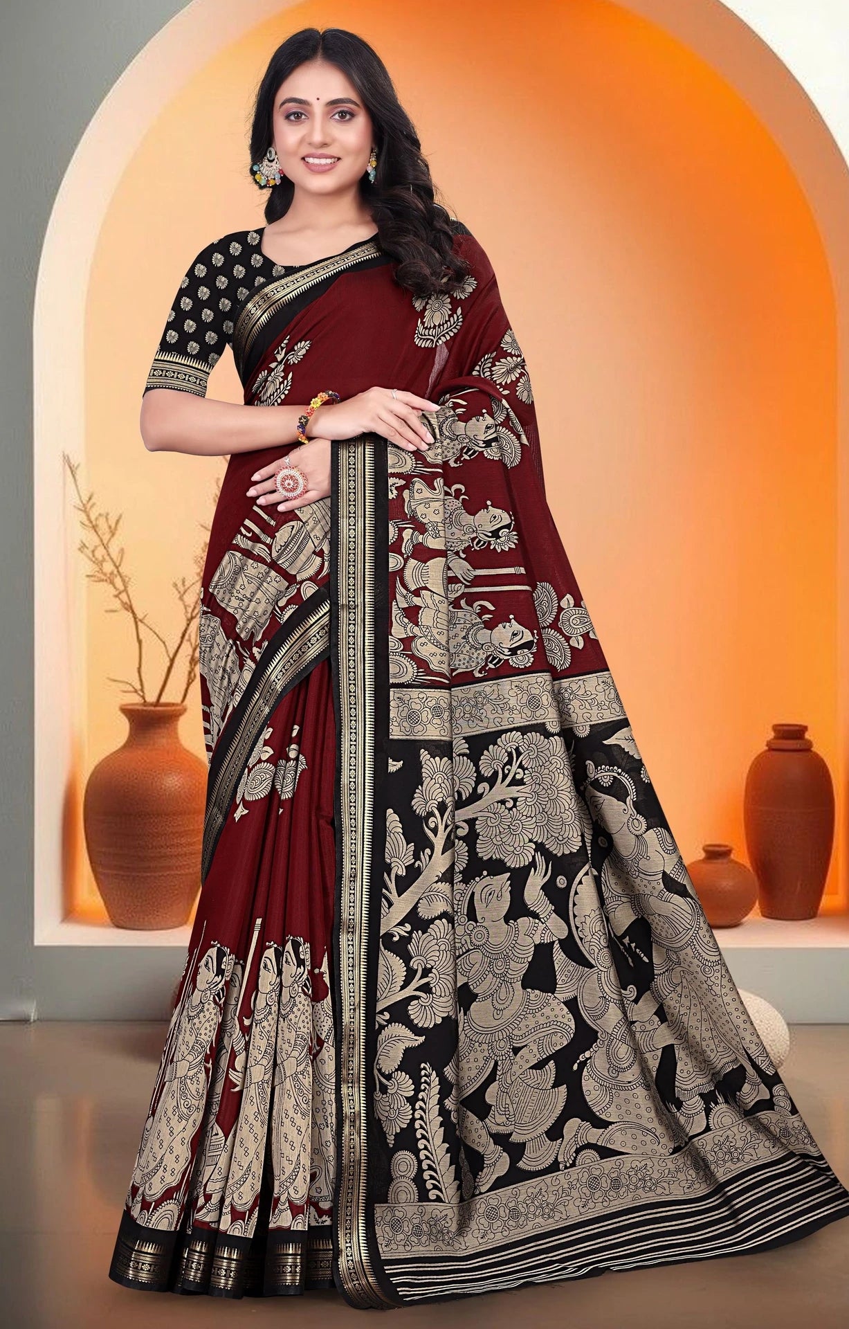 Black & Maroon Mangalagiri Chinnor Silk Cotton Saree with Pen Kalamkari Art