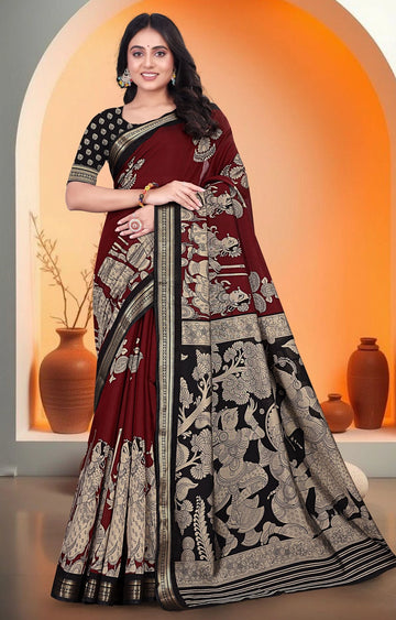 Black & Maroon Mangalagiri Chinnor Silk Cotton Saree with Pen Kalamkari Art